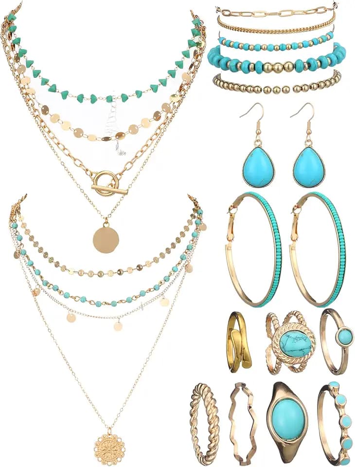 Inbagi 15 Pcs Bohemian Turquoise Jewelry Set for Women Halloween Jewelry