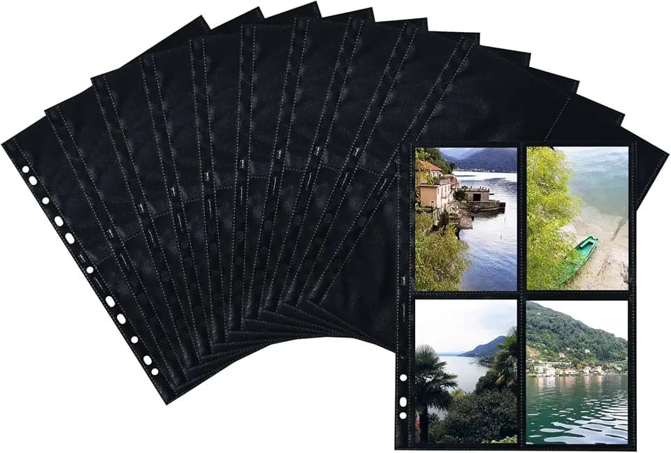 HERMA 7711 Fotohüllen für Ordner, 250 Stück, 10x15 cm, 4 Fächer geteilt, beidseitig bestückbare Fotophan Fotosichthüllen Sammelhüllen Postkartenhüllen Prospekthüllen mit Eurolochung, schwarz