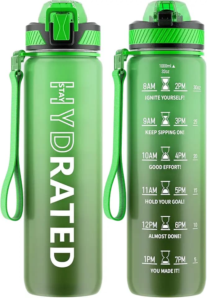 QLUR Water Bottle with Straw, 32oz Sports Water Bottles with Time Marker