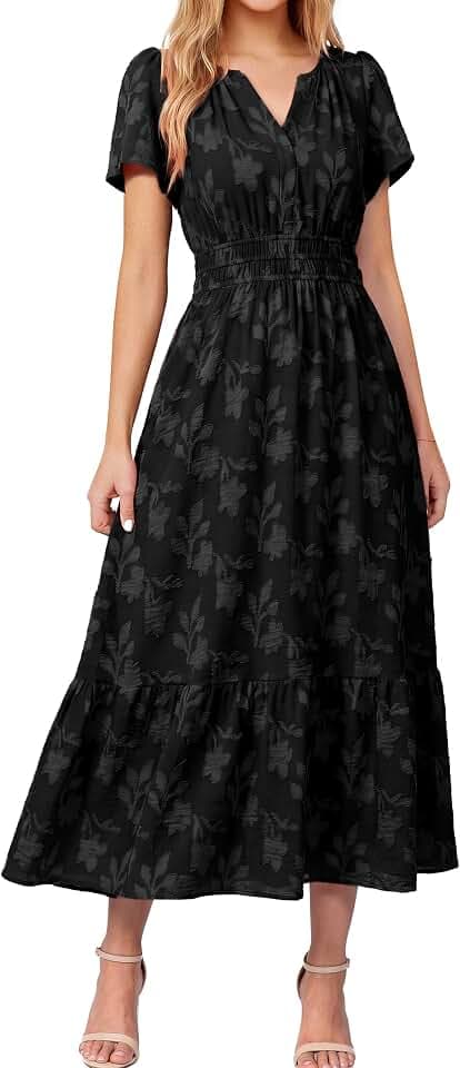 Simplee Womens Summer Boho Maxi Dress Semi Formal Wedding Guest Short Sleeve V Neck Empire Waist Floral Long Dresses