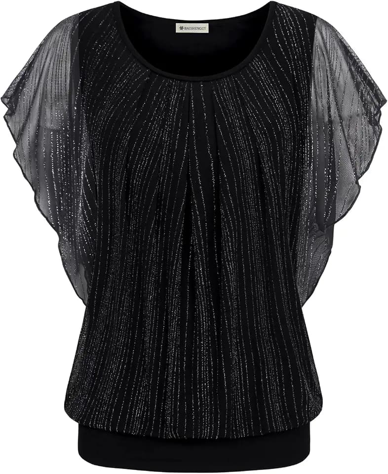 BAISHENGGT Womens Summer Tops Flutter Short Sleeve Pleated Front Mesh Shirts Dressy Casual Blouses