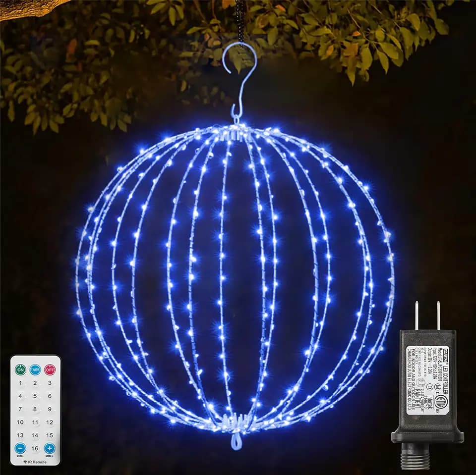 16INCH Outdoor/Indoor LED Christmas Light Ball,Foldable Metal Sphere Lights, Connectable Waterproof 16 Modes with Timer, Hanging Tree Globe Lights for Holiday Christmas Decorations (Blue)