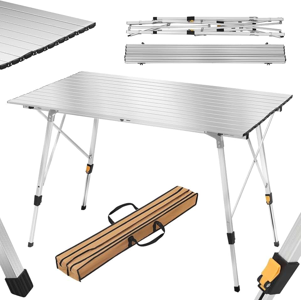 WOLTU Campingtisch faltbar, höhenverstellbar, Silber, 120 * 68cm | Alu Klapptisch tragbar, mit aufrollbarer Tischplatte, für 4-6 Personen, für Camping Garten Balkon