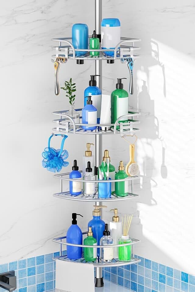 HAMITOR Corner Shower Caddy Tension Pole, Space-saving Bathtub Shelves