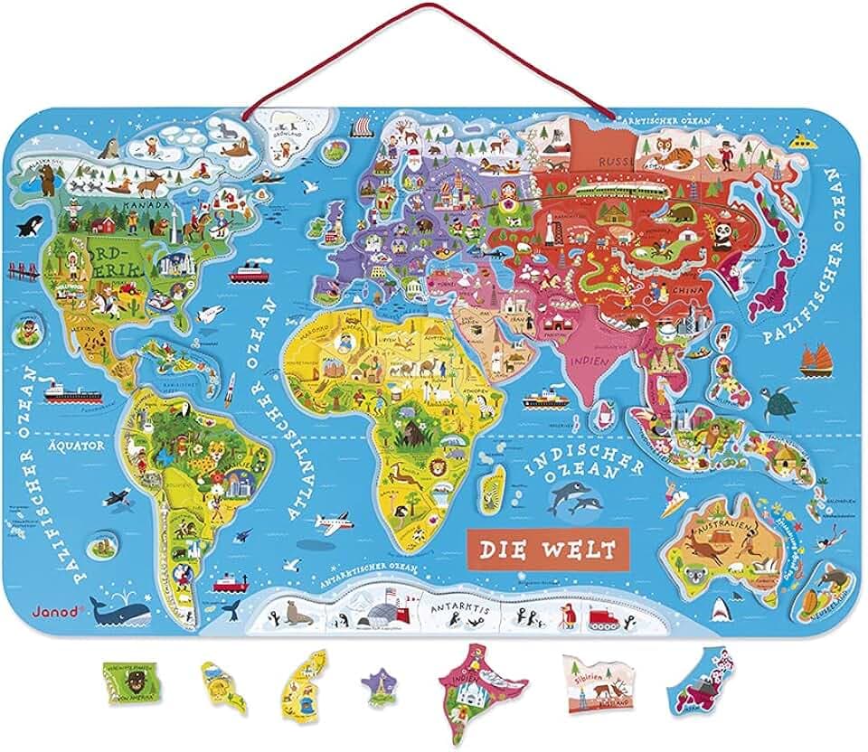 Janod Puzzle Weltkarte - Magnetische Landkarte aus Holz, 92 Magnetische Puzzle-Teile - 70 x 43 cm - Deutsche Version - Lernspiel ab 7 Jahren, J05490