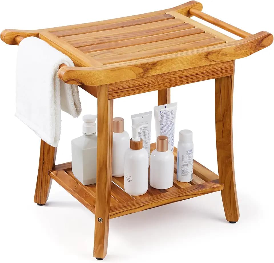 VEVOR Duschbank aus Teakholz, 56 x 36 x 47 cm, wasserdichter Duschhocker aus Holz mit Ablagefläche, Griff und rutschfesten Füßen, maximale Tragkraft 136 kg, für Badezimmer im Innen- und Außenbereich
