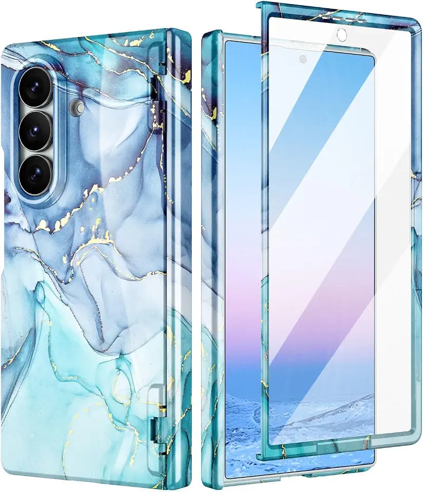 Btscase for Samsung Galaxy Z Fold 7 Case,Built in Front Screen Protector,Gold Glitter Marble Pattern Hard PC Slim Shockproof Full Body Drop Protective Case for Galaxy Z Fold 7 5G, Blue Cyan