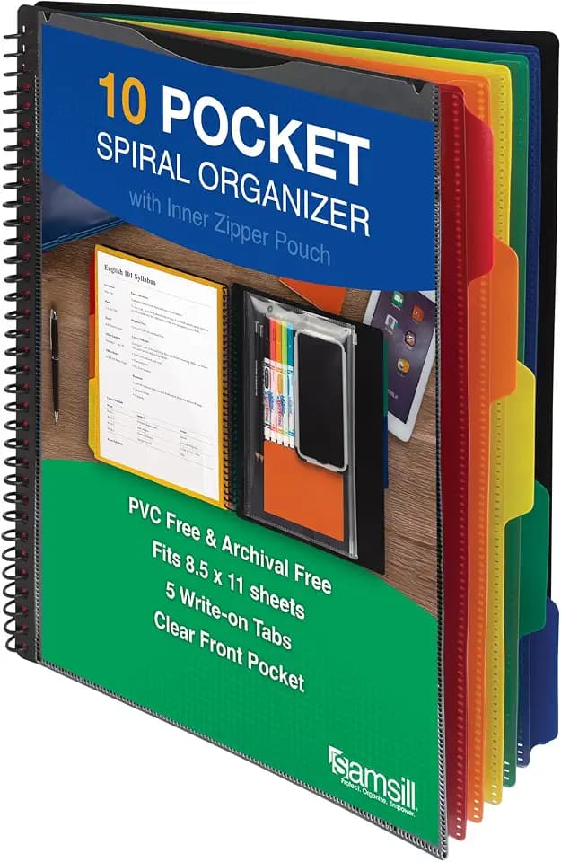 Samsill Spiral Folder Organizer - 5 Dividers & 10 Pockets with Zipper Pouch, Multi Pocket Color Cordinated Folder Binder with Customizable Tabs, Document Organizer (Basic)