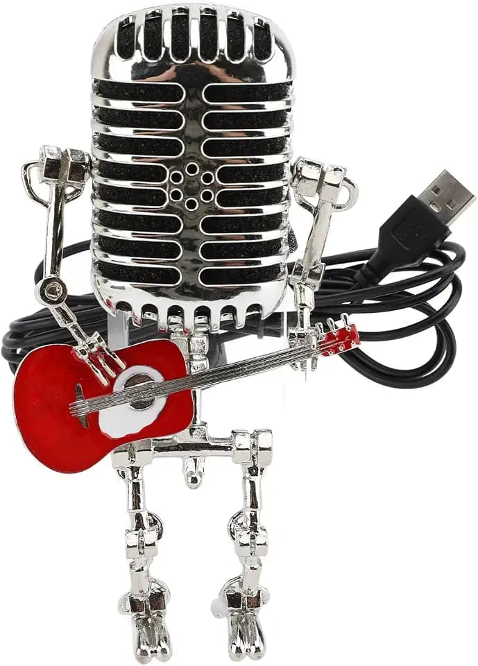 Asixxsix Vintage Microphone Guitar Robot Lamp, Retro Metal Night Light for Bedroom Desk, USB Powered, Retro Decorations for Home, Bar, Office, Music Lovers, Silver (Red)