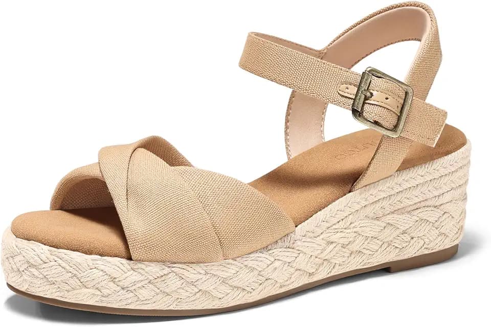 Coutgo Womens Platform Wedge Heels Sandals Espadrilles Open Toe Ankle Strap Twist Canvas Summer Beach Shoes