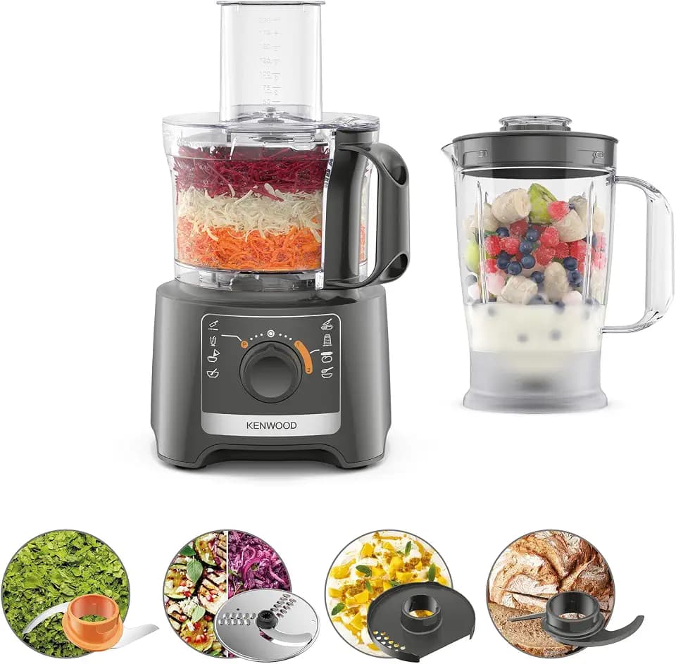 Kenwood Multipro Compact FDP31.170GY Küchenmaschine mit 2 Geschwindigkeiten + Pulse im Lieferumfang enthalten Mixer 1,2 l, Schüssel 2,1 l, zum Hacken, Reiben und Kneten, 800 W