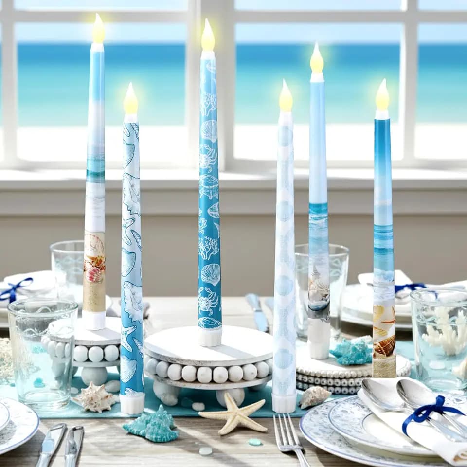 Riakrum 6 Pcs Beach Seashell Tapered Candles Flameless Ocean Coastal Flameless Blue Teal Starfish LED Battery Candle Coastal Wax with Blue Patterns for Summer Indoor Home Table Centerpieces Decor Gift