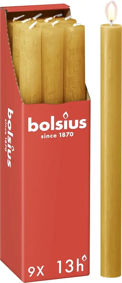 Bolsius - Rustik Stabkerzen - Ockergelb - 9 Stück - 27 x 2.3 cm - Länge Brenndauer 13 Stunden - Unparfümierte - Enthält Natürliches Pflanzenwachs - Ohne Palmöl
