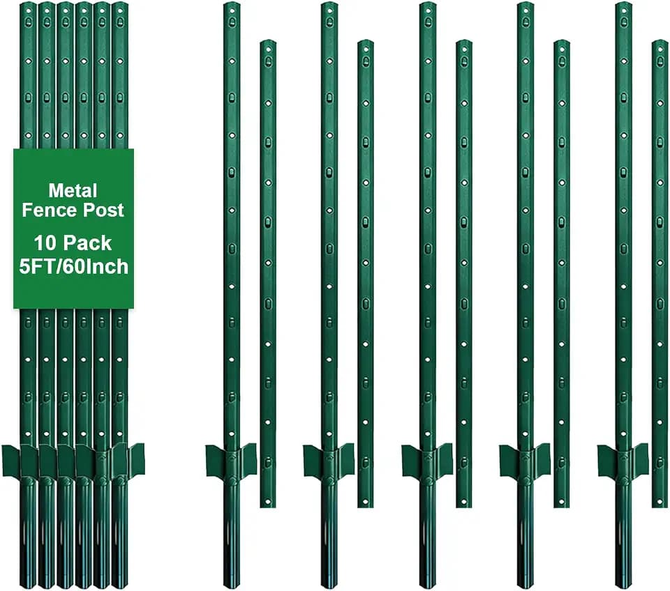 Metal Fence Posts 5FT, 10pcs Heavy Duty Garden Stakes (Patchwork Style), Garden Wire Fencing, Corner Anchor Posts Powder-Coated Steel U-Post for Farm, Garden Wire Mesh Fence, Lawn Yard
