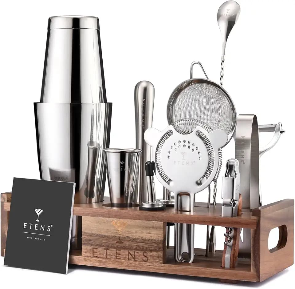 Etens 15-teiliges Barkeeper Set mit Holzständer – Edelstahl Boston Cocktail Shaker Set mit Messbecher, Sieben, Stößel & Bar Zubehör – Profi-Mixologie Cocktail Set Geschenk für Zuhause & Bar