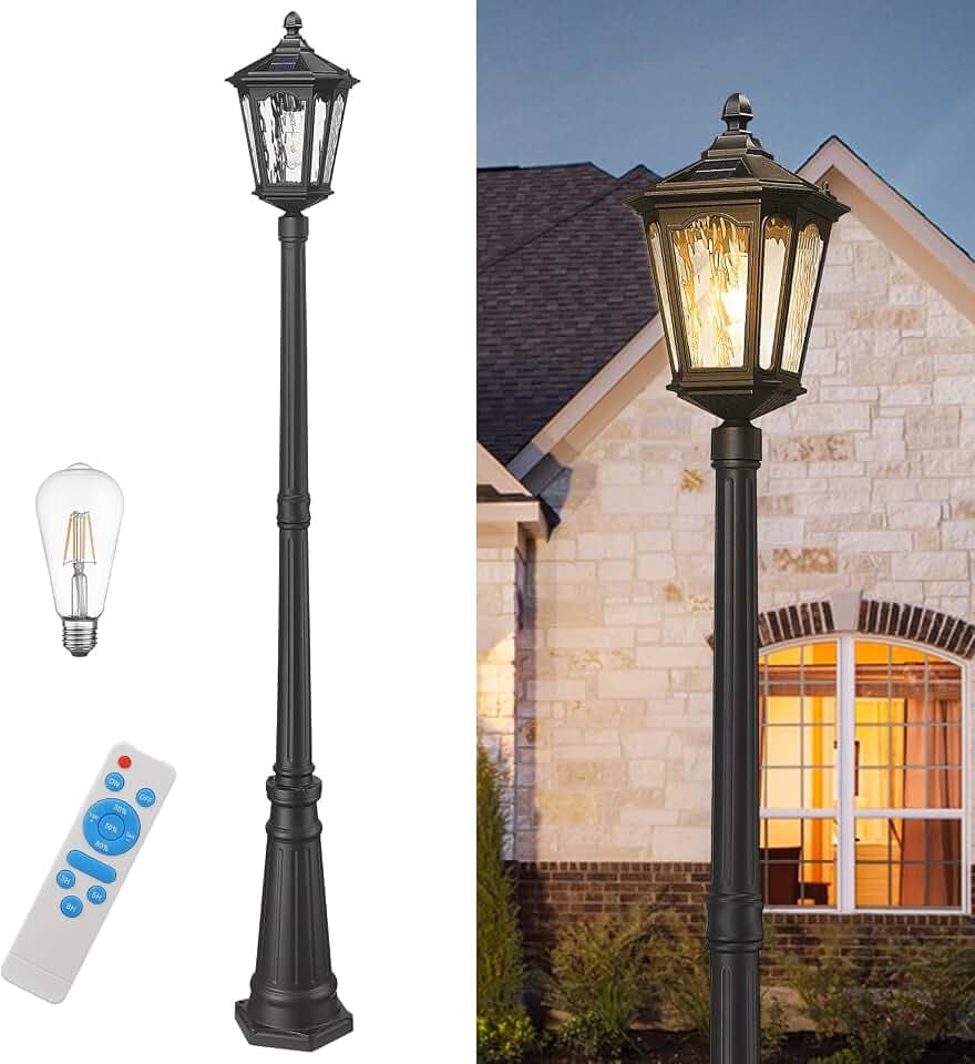 82 Inch Solar Post Street Lamp Light with Remote Control, Dusk to Dawn Waterproof LED Pole Light Exterior, Outside Pillar Lighting with Water Ripple Glass for Lawn Pathway Garden Porch Yard Patio