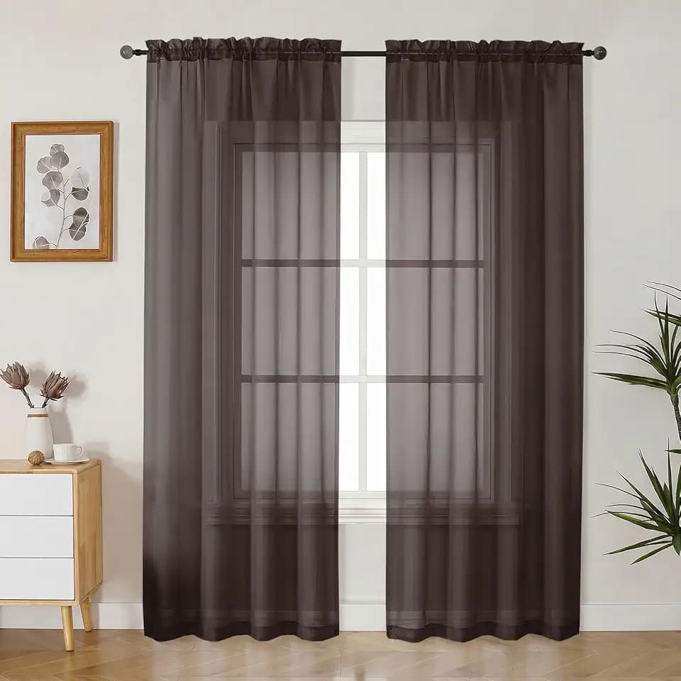 Gwine Chocolate Brown Sheer Curtains 84 Inches Long 2 Panels Set for Living Room, Rod Pocket Voile Bedroom Curtains, Light Filtering Solid Window Sheer Panels, Each 42" Wx84 L