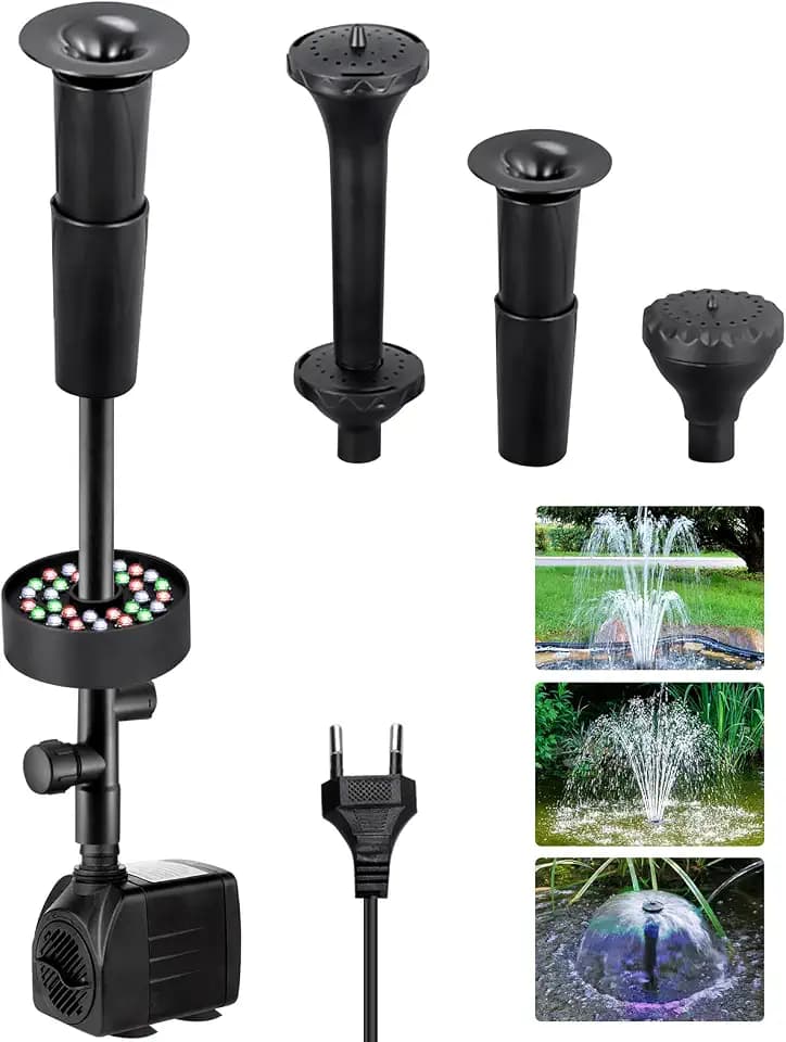 PORFOYO Springbrunnenpumpe Aussen 220V, Teichpumpe mit Filter, Springbrunnen Pumpe Klein mit Licht, Wasserspielpumpe Bachlaufpumpe, Teichfilterpumpe für Gärten, Teich, Brunnen Leise 2000L/H 25W