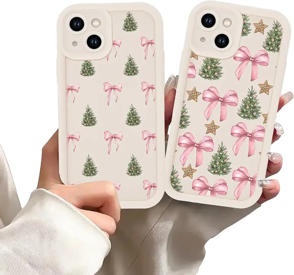 2 Pack Christmas Phone Case for iPhone 15 6.1", Cute Xmas Tree Bow Pattern Cover for Women Girls, Aesthetic Pink Bows Design Shockproof Anti-Scratch Protection Funda for iPhone 15, White