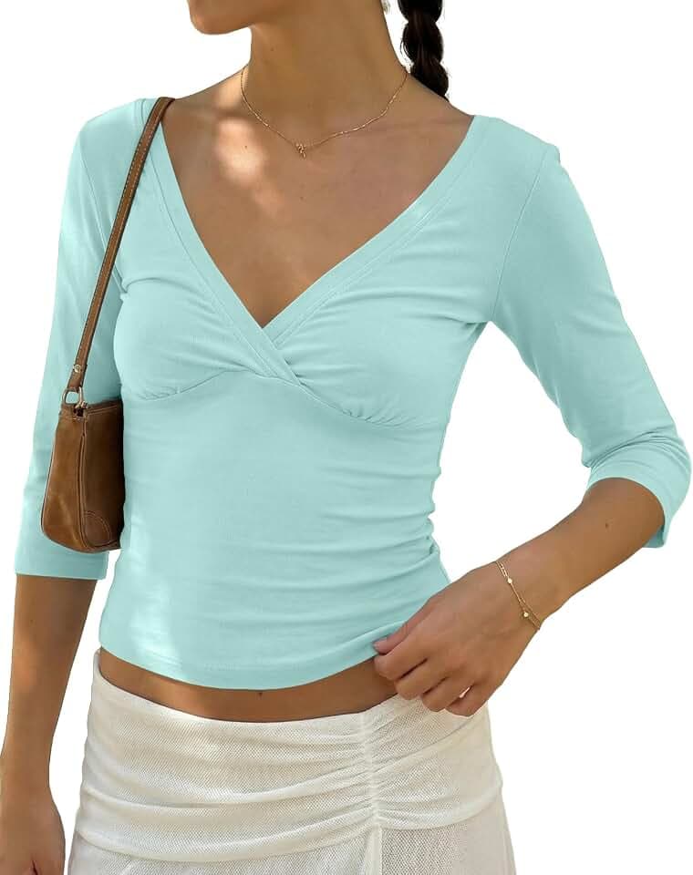 BAIGRAM Womens 3/4 Half Sleeve Deep V Wrap Neck Ruched Crop Tops Open Back Tshirt Y2k Vintage Minimalist Slim Fit Tee Summer