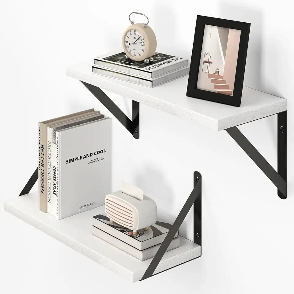 Vivelove White Deep Floating Shelves for Wall, 16W x 6D Wood Wall Shelves Set of 2, Wide Floating Bookshelf for Living Room, Kitchen, Office, Bedroom and Decor Storage, with Black Bracket - White