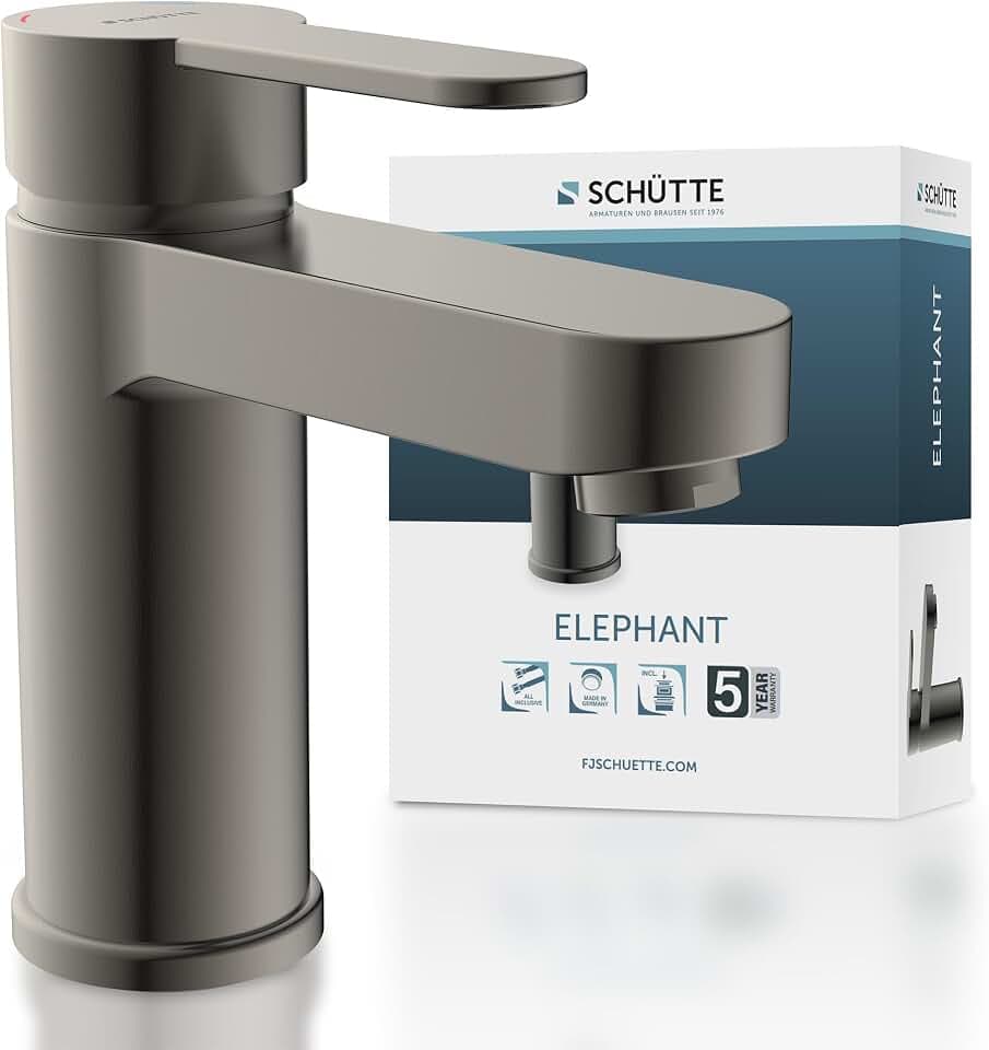SCHÜTTE Elephant Waschtischarmatur, Elegante Mischbatterie inkl. Ablaufventil fürs Badezimmer, Wasserhahn Bad mit Pop-Up-Exzenter, Badarmatur Waschbecken Graphit matt, 34212