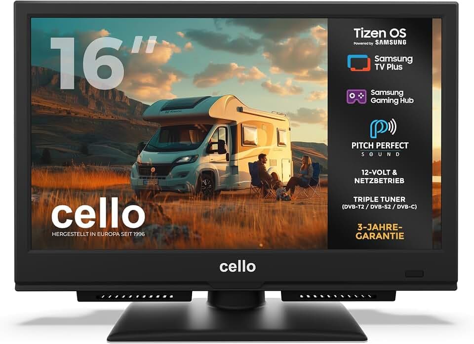 Cello CTRAV-16TZ 16 Zoll Smart-TV, 12 V/230 V, Tizen OS von Samsung, Bluetooth, Triple-Tuner, Pitch Perfect Sound, für Campervans, LKW und Boote