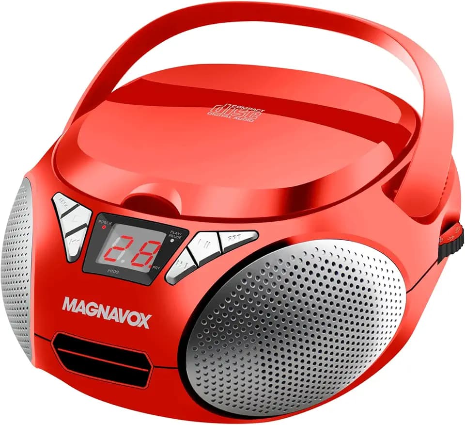 Magnavox Portable Top Loading CD Boombox with AM/FM Stereo Radio | CD-R/CD-RW Compatible | LED Display | AUX Port Supported | Programmable CD Player | (Red)