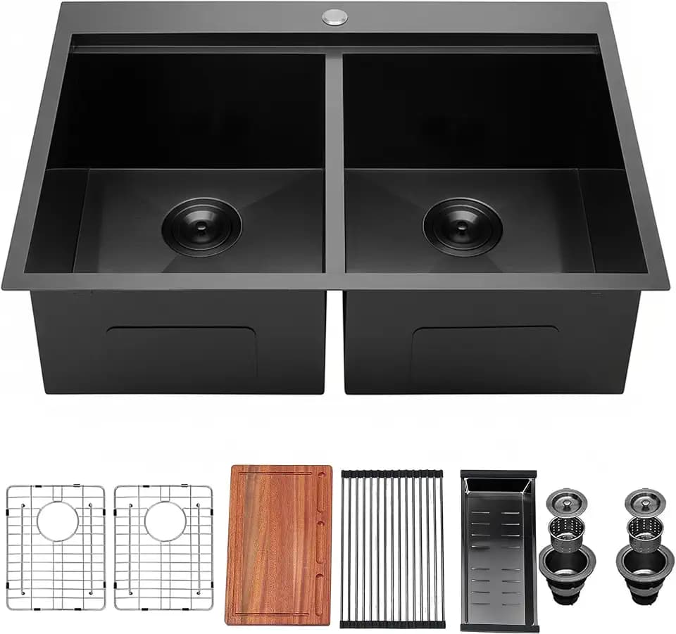 KINGO HOME 33x22 Double Bowl Kitchen Sink 33 Inch Black, Stainless Steel Drop in Double Basin Kitchen Sinks, Topmonut 50/50 Framhouse Sinks Workstation Sink with Accessories