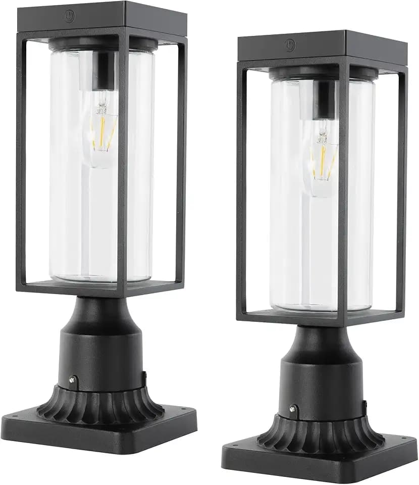 LUTEC 2 Pack Solar Post Lights, Dusk to Dawn Aluminium Lamp with Pier Mount Base, Exterior Black Solar Fence Light Outdoor Waterproof for Garden Yard Patio