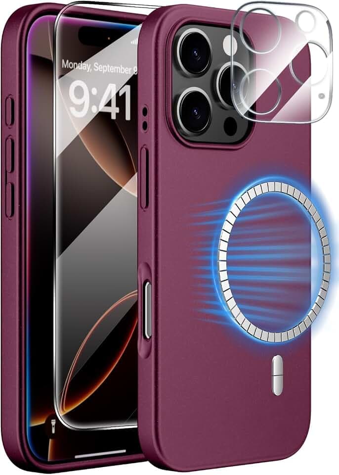 X-level 3 in 1 für iPhone 16 Pro Hülle für Magsafe mit Kameraschutz Und Panzerglas, Stoßfest, Matt Dünn Silikon Handyhülle für iPhone 16 Pro, WeinRot