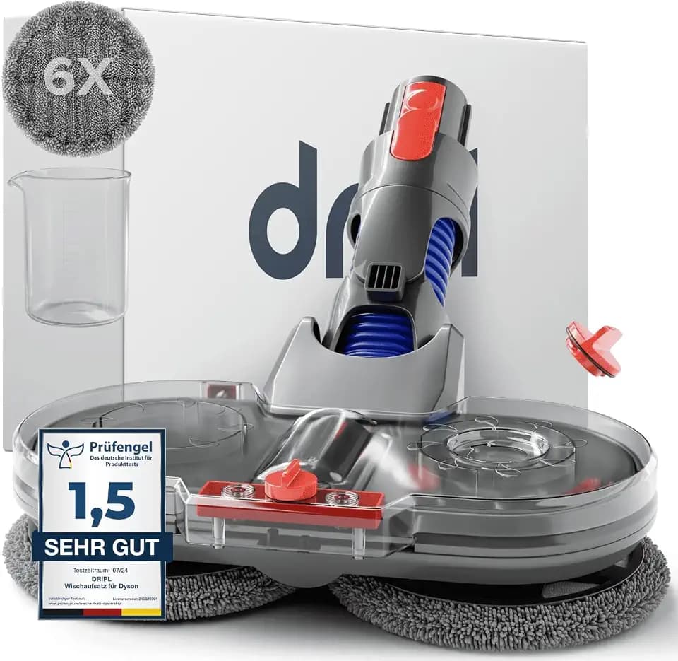 Dripl Wischaufsatz für Dyson V7/V8/V10/V11/V15/Gen5 Staubsauger, Elektrischer Bodenwischer mit Abnehmbaren Wassertank und 6 Waschbare Mopps + 1 Füllbehälter (V7/V8/V10/V11/V15/Gen5)