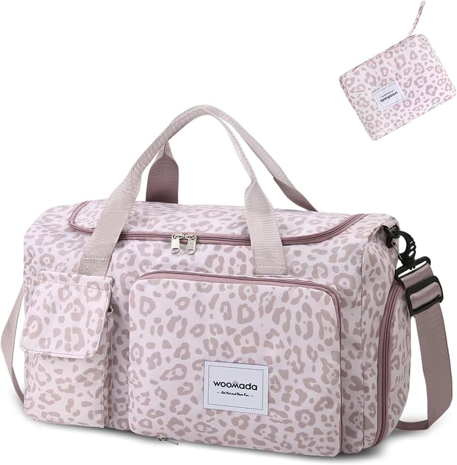 WOOMADA Foldable Travel Duffel Bag with Shoes Compartment, Overnight Bag with Wet Pocket & Trolley Sleeve, Weekender Bags for Women(A-pink leopard)