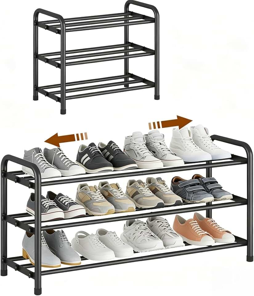Schuhregal Platzsparend, 3 Ebenen Shoe Rack Metall, Ausziehbar Schuhablage 45 to 80cm, Klein Schuhständer Schwarz, Schmales Schuh Regal für Outdoor, Flur, Garderobe, Eingangsbereich