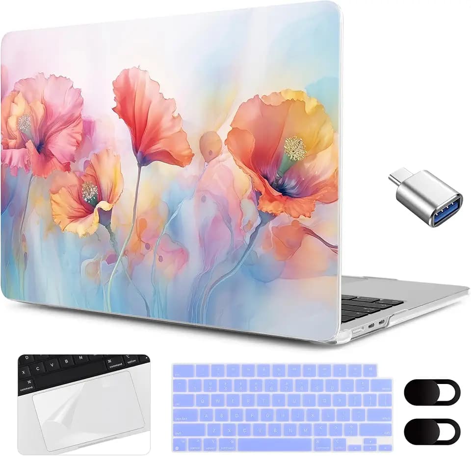 MEEgoodo Case for M5/M4/M3/M2 MacBook Air 15 inch Case 2026 2025 2024 2023, Laptop Shell Fit Model (A3448/A3241/A3114/A2941) for MacBook Air 15.3-inch, Field Rainbow Poppies