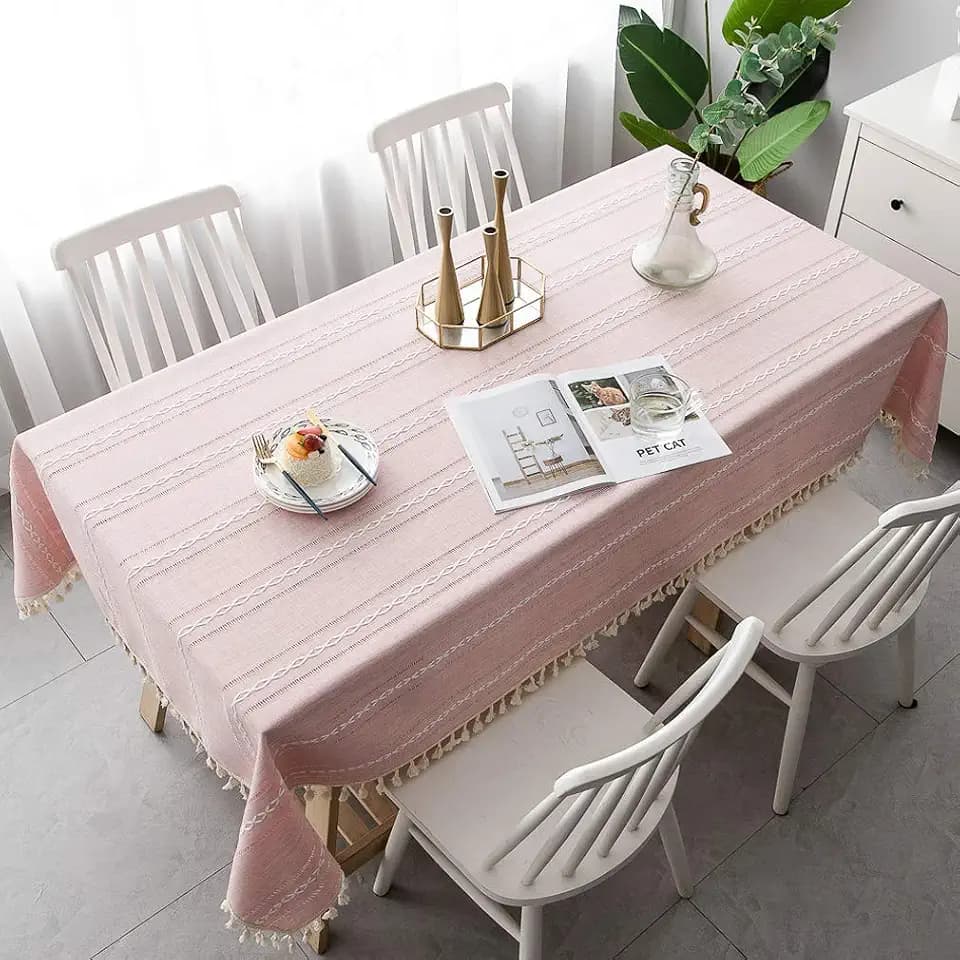 Pahajim Tischdecke Rechteckige Tischdecken Baumwolle Leinen Quaste Tischtuch abwaschbar für Speisetisch Picknick-Party Tischdekoration(Streifen - pink, 140 x 200 cm)