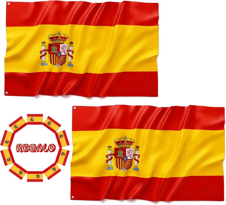 2 große Spanien Flaggen aus Polyester mit hoher Dichte 110 g/m² verstärkt + 5 Aufkleber | spanische Flagge aus strapazierfähigem Stoff für Balkon und Mast | Fußball, Eurocup,