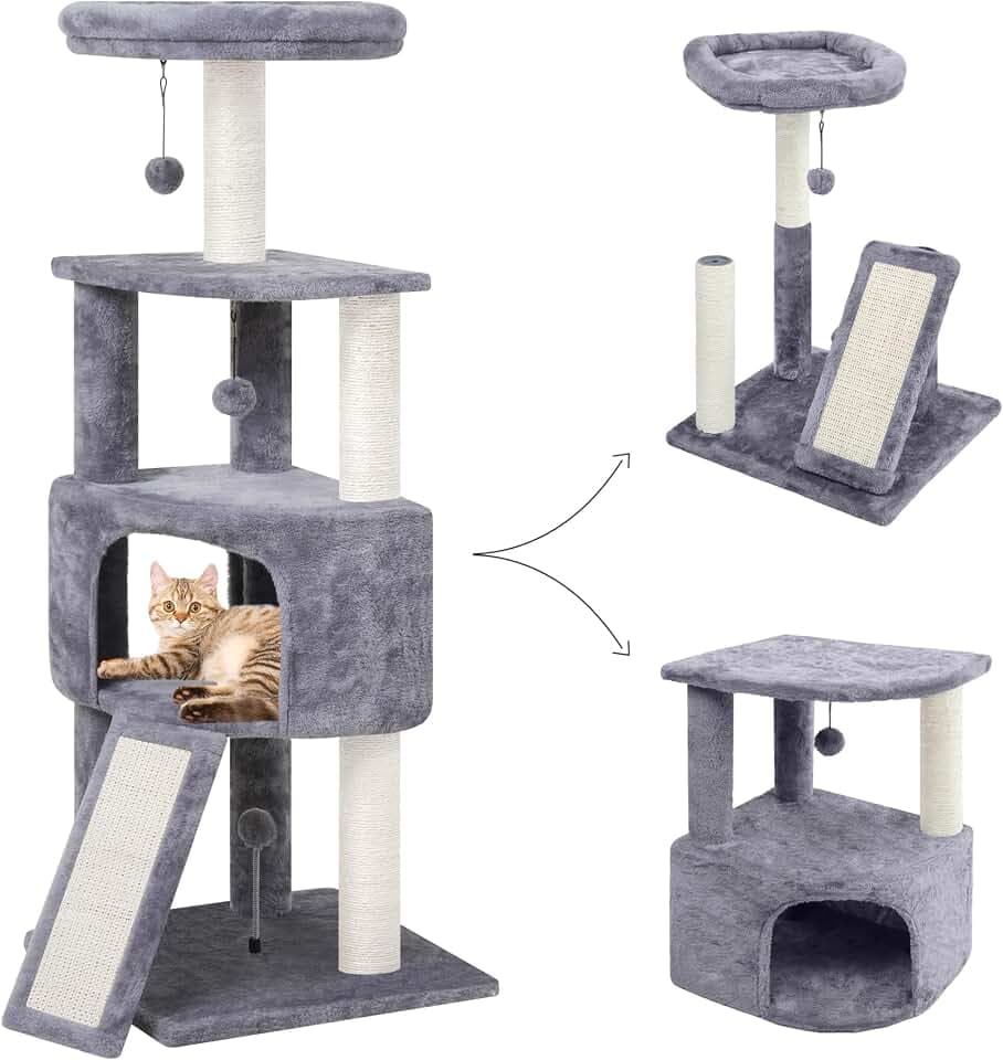 HUITREE 45in Cat Tree Tower with Big Condo for Indoor Kitten,Cat Tower with Scratching Post,Scratching Board and Cat Toys,Multi-Level,Small Space,Transformer Cat Tree, Grey(New)