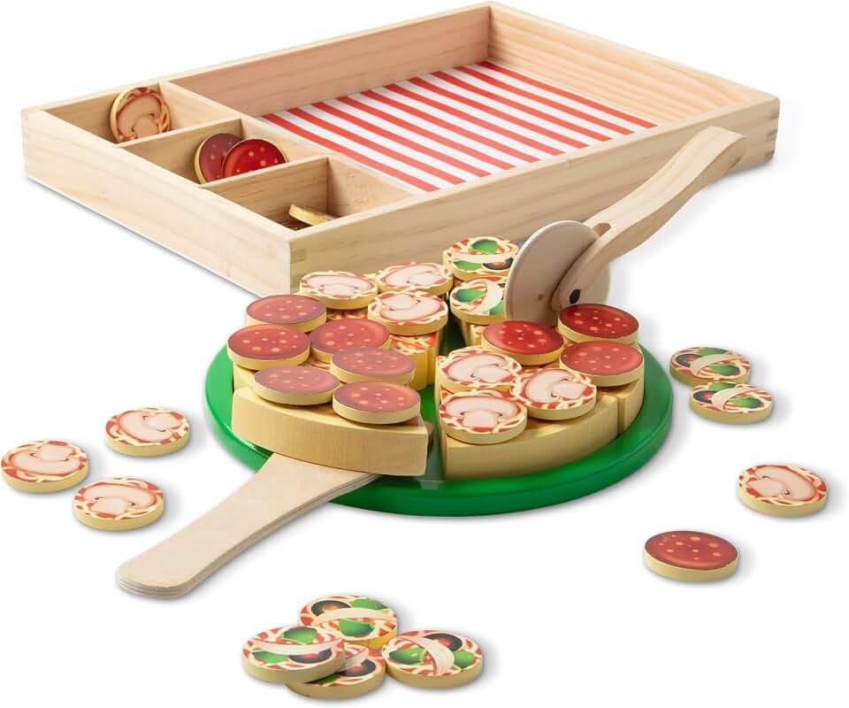 Melissa & Doug - Pizza-Party-Spielset aus Holz, 45-teilig,mit Pizzaschneider, Pizzateller, Holzspatel und Holzbox, Für Kinder ab 3 Jahren