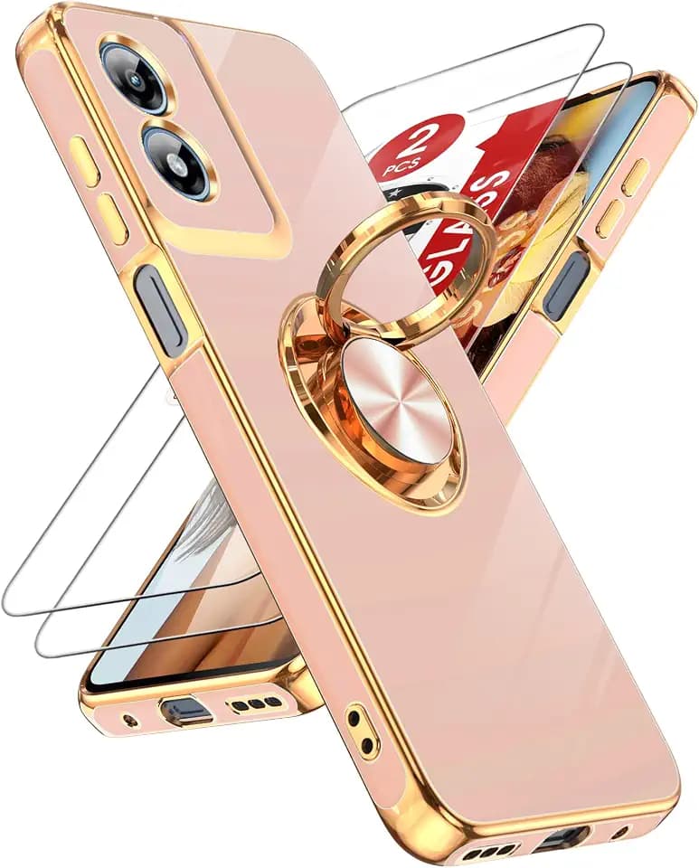 LeYi for Moto-G Play-2024-Case: (𝐍𝐨𝐭 𝐟𝐢𝐭 𝐆 𝟓𝐆 𝟐𝟎𝟐𝟒) 2 Pack Tempered Glass Screen Protector and 360° Rotatable Ring Holder Magnetic Kickstand, Plating Rose Gold Edge, Pink