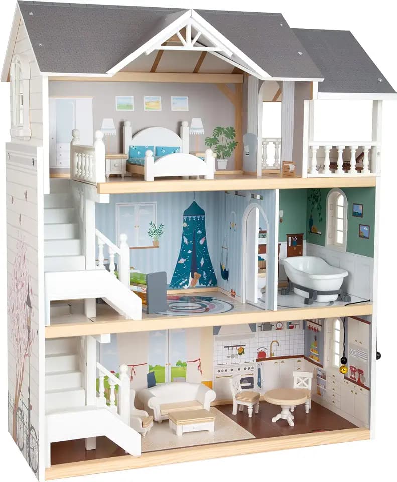 Small Foot Puppenhaus Stadtvilla aus Holz, mit 3 Etagen, offener Front und 12 Möbeln, für Kinder ab 3 Jahren, 11802, Weiß Grau