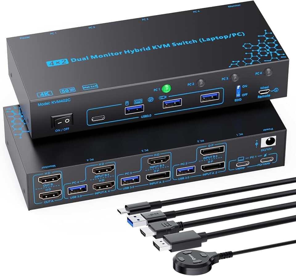 4-Port-Hybrid-KVM-Switch für 2 Monitore, 4 Computer (Laptop/Desktop) – USB-C-Docking, Dual DisplayPort, DP+HDMI & dual HDMI, 4K@60Hz, EDID-Emulator, 100W PD-Ladung