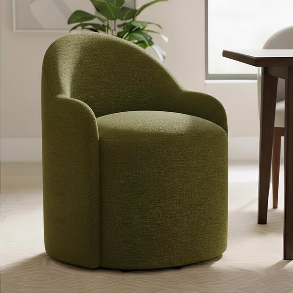 KISLOT Upholstered Dining Chairs with Casters, No Assembly Modern Dining Room Chairs Accent Vanity Chair with 5 Wheels & Round Backrest for Bedroom, Living Room, Dressing, Green Fabric, Set of 1