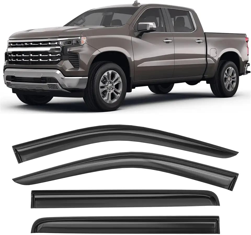 Shatterproof Taped-On Window Deflectors for 2019-2025 Chevrolet (Chevy) Silverado GMC Sierra 1500 2500HD 3500HD Crew Cab, Rain Guards, Window Visors for Cars, Vent Deflector, 4pcs