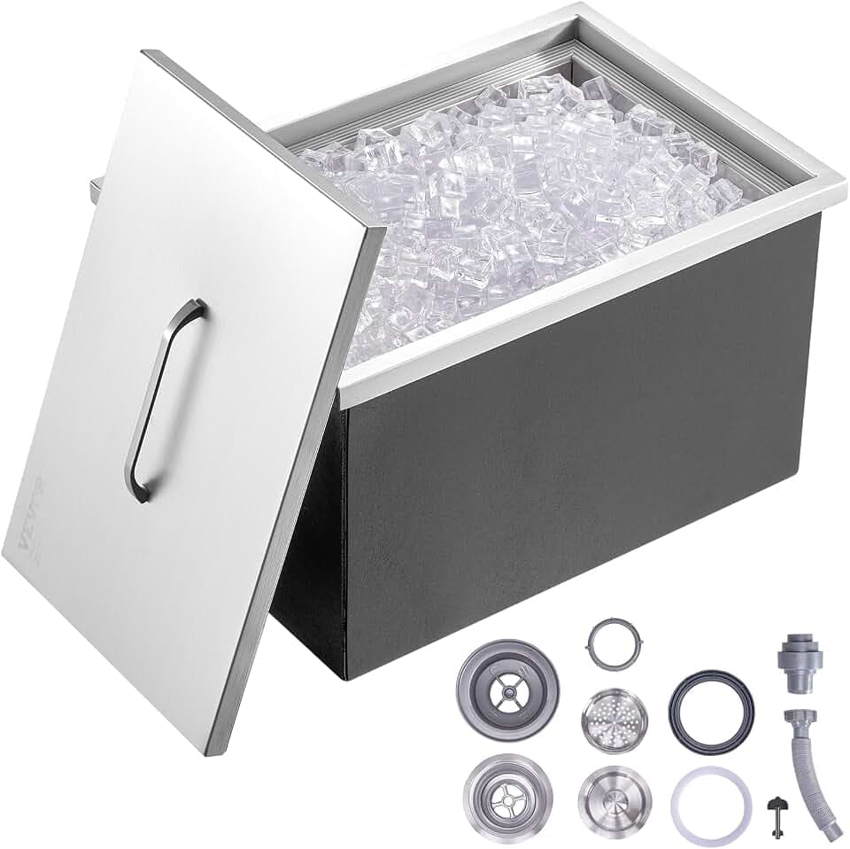 VEVOR Drop in Ice Chest, 22" L x 17" W x 12" H Stainless Steel Ice Cooler, Commercial Ice Bin with Cover, 46 qt Outdoor Kitchen Ice Bar, Drain-Pipe and Drain Plug Included, for Cold Wine Beer
