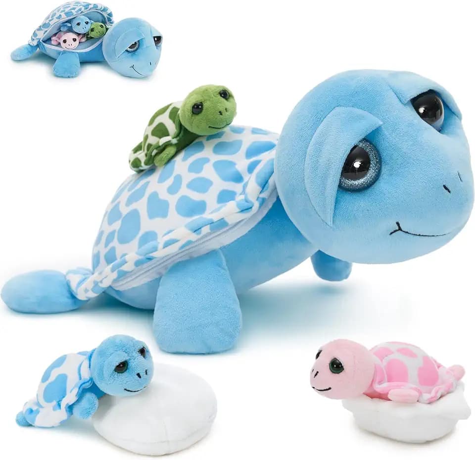 MorisMos Sea Turtle Stuffed Animal with Babies & Eggs, 6-Pack Family, Blue