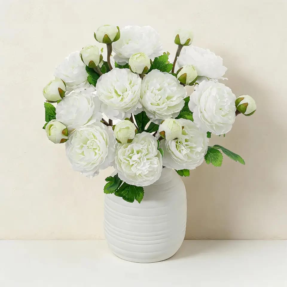10Pcs 20Heads Peonies Artificial Flowers, Realistic Artificial Silk Ranunculus Flowers with Bendable Stems for Floral Bouquets Centerpieces Home Table Wedding Party Decor (Cream White)