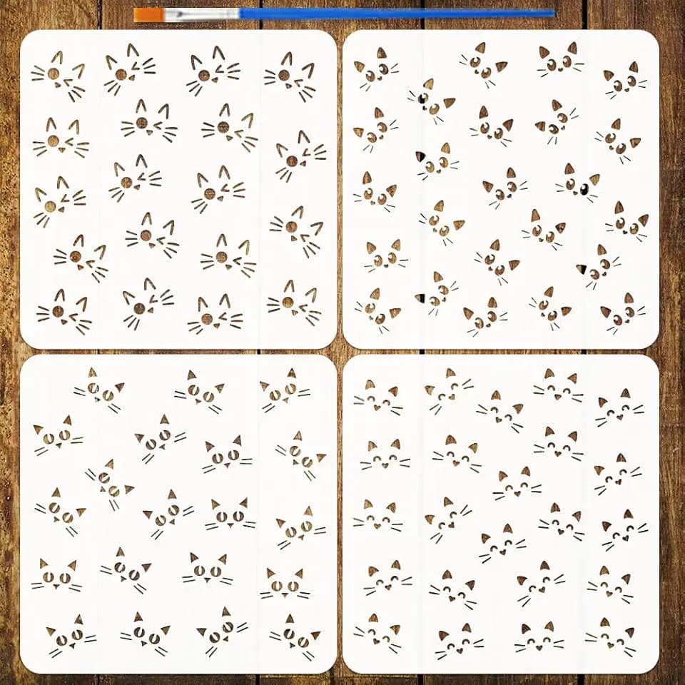 FINGERINSPIRE 4 Stück Katzen Schablonen Mit Pinsel 30x30cm Malvorlagen Mit Katzenmotiven Cartoon Katzen Schablone Tiermotive Haustiervorlage Zum Bemalen von Holz Bodenfliesen Wänden Stoffen DIY