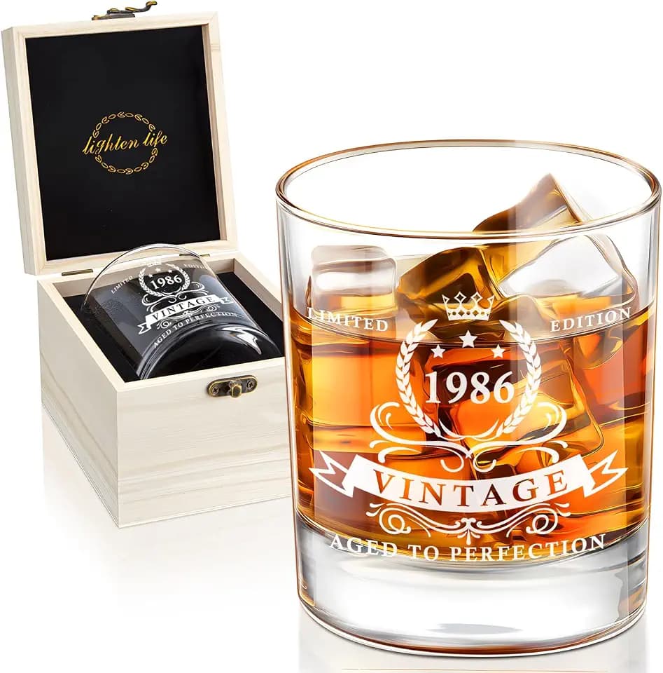 LIGHTEN LIFE Geschenke zum 40. Geburtstag für Männer,1986 Whiskyglas in wertvoller Holzbox,Bourbonglas zum 40. Geburtstag für 40-jährigen Vater, Ehemann,Freund,Geschenkideen zum 40. Geburtstag