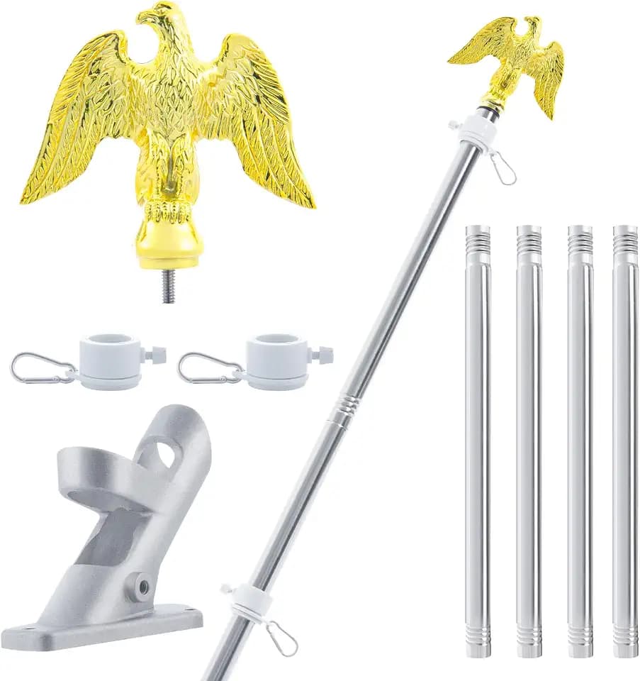 6FT Flag Pole for Outside House, 1 inch Diameter Thickened Aluminum Wall Mount Flag Pole with Golden Eagle Topper, Heavy Duty Flag Pole Kit with Holder Bracket for Outside Porch (Silver)